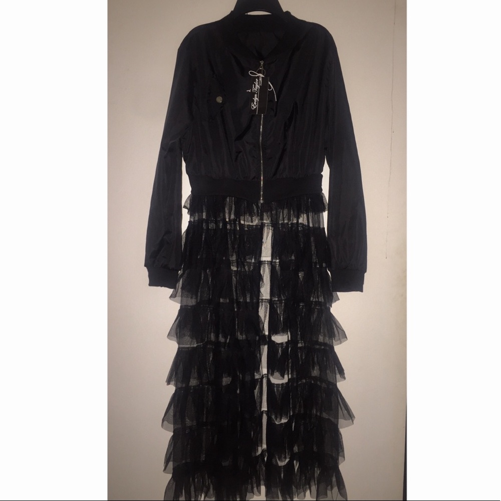 Ruffled Sheer Mesh Bomber Jacket